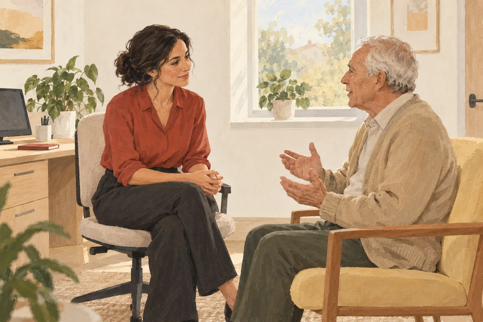 Illustration: A clinician in a clay blouse listens to an older patient in a sunlit consultation room.