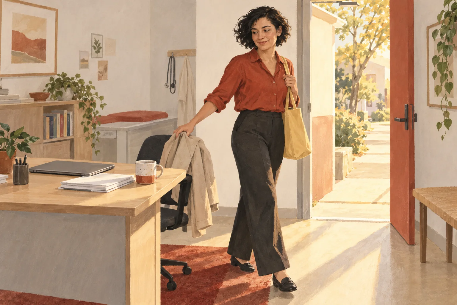 Illustration: A clinician collects her jacket and tote beside an open clinic doorway.