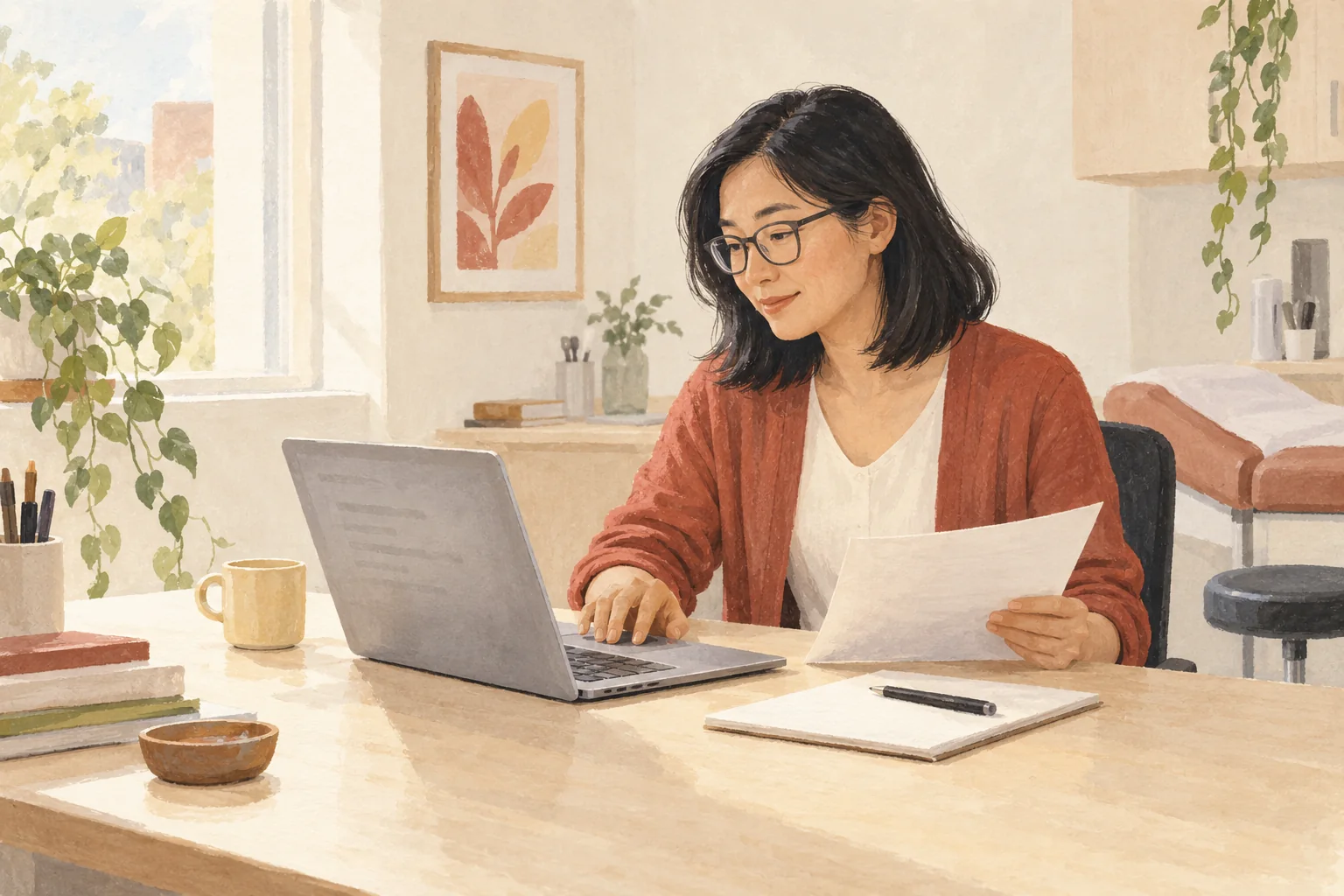 Illustration: A clinician checks a draft at a quiet desk.