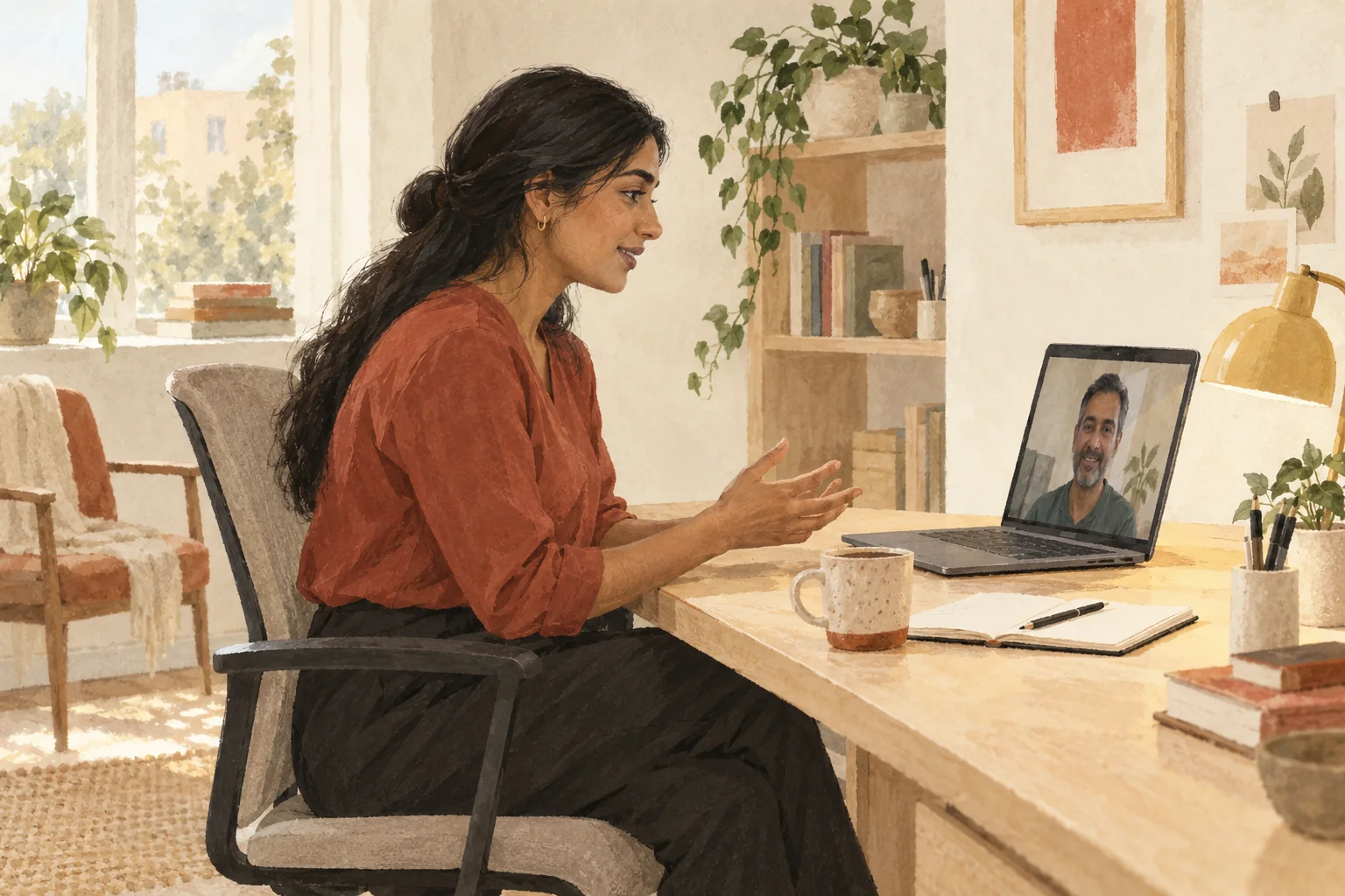 Illustration: A clinician speaks to a remote patient on a laptop.