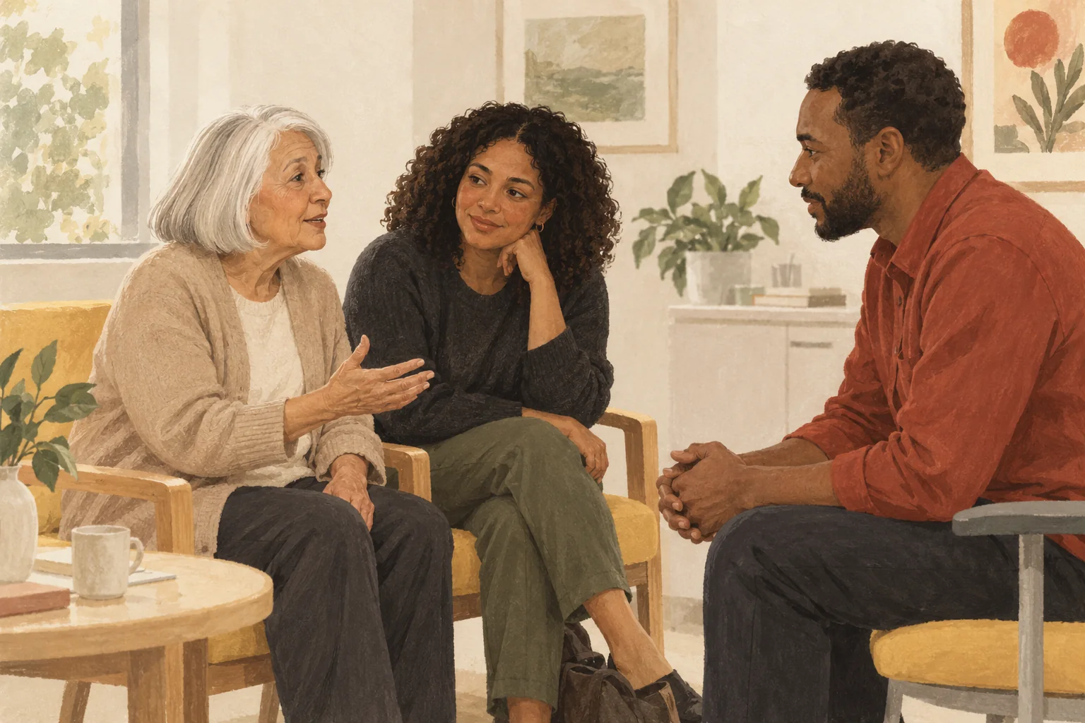 Illustration: A clinician listens to a patient accompanied by a family member.