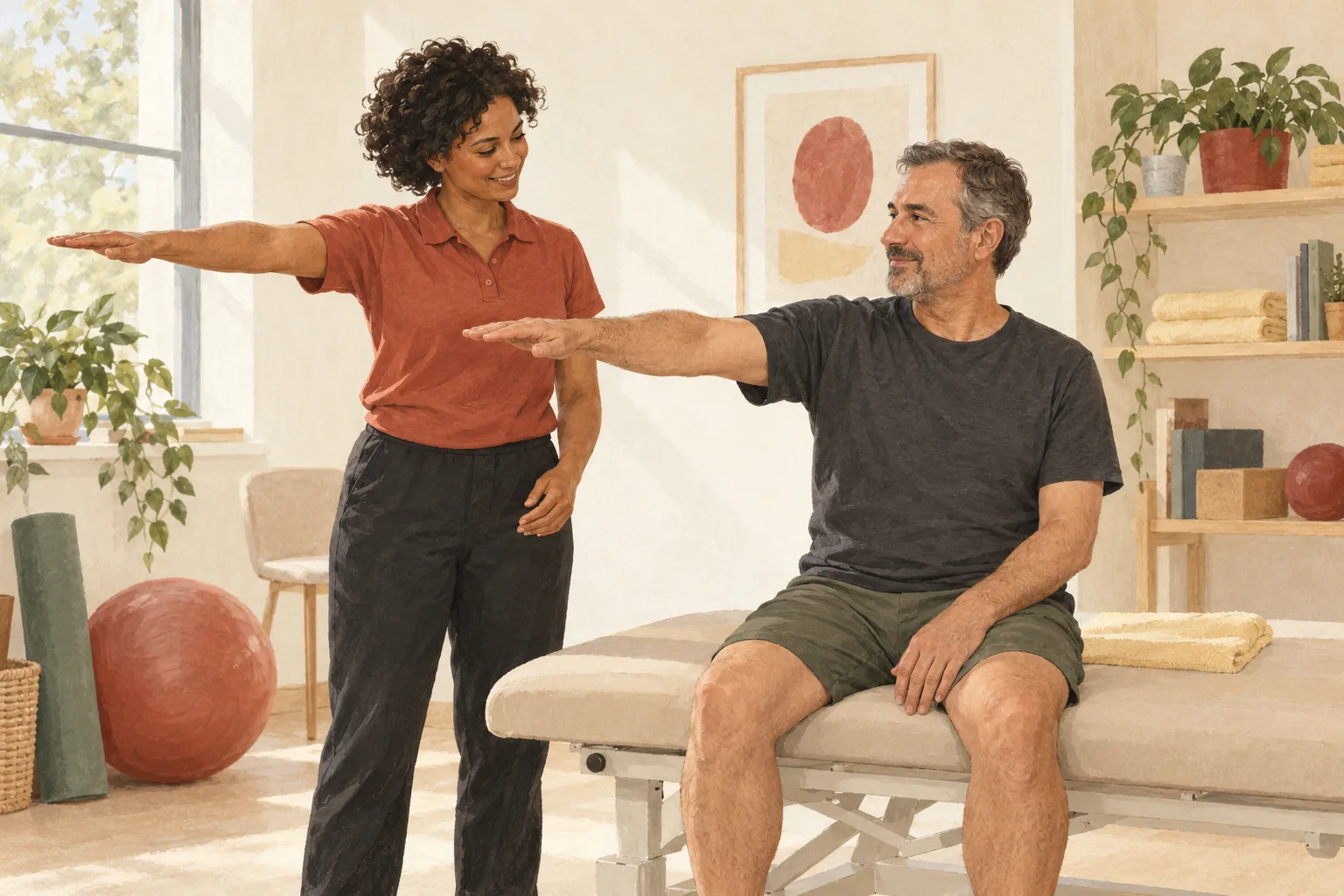 Illustration: A physiotherapist guides a patient through a gentle shoulder movement.