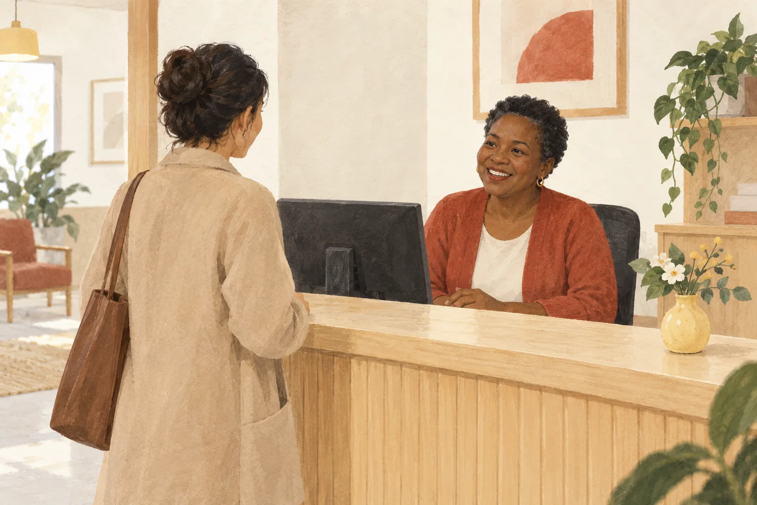 Illustration: A receptionist welcomes a visitor at a simple practice desk.