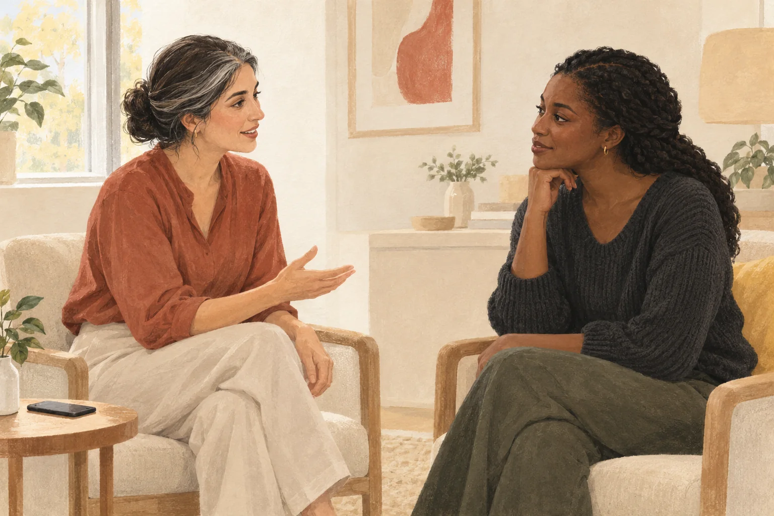 Illustration: A clinician explains something to a patient with an open gesture.