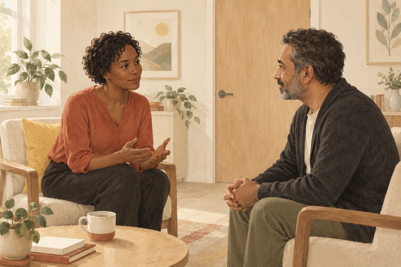 Illustration: Two people speak quietly in a consultation room with the door closed.