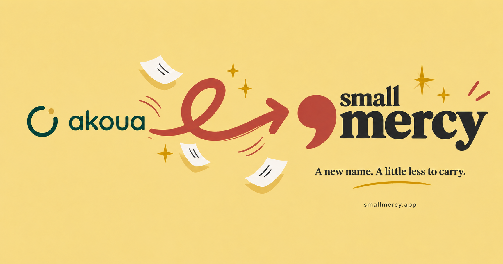 The Akoua logo transitions into the Small Mercy logo along a playful looping arrow.