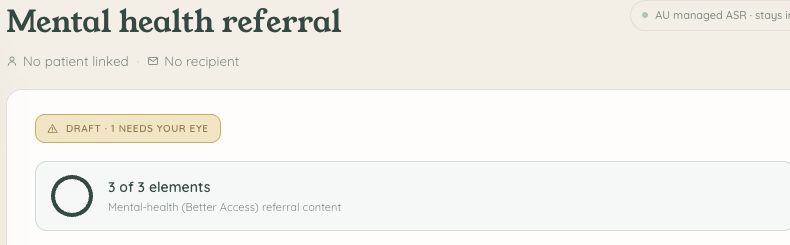 A synthetic Small Mercy referral draft with a visible needs-your-eye badge and completeness status.