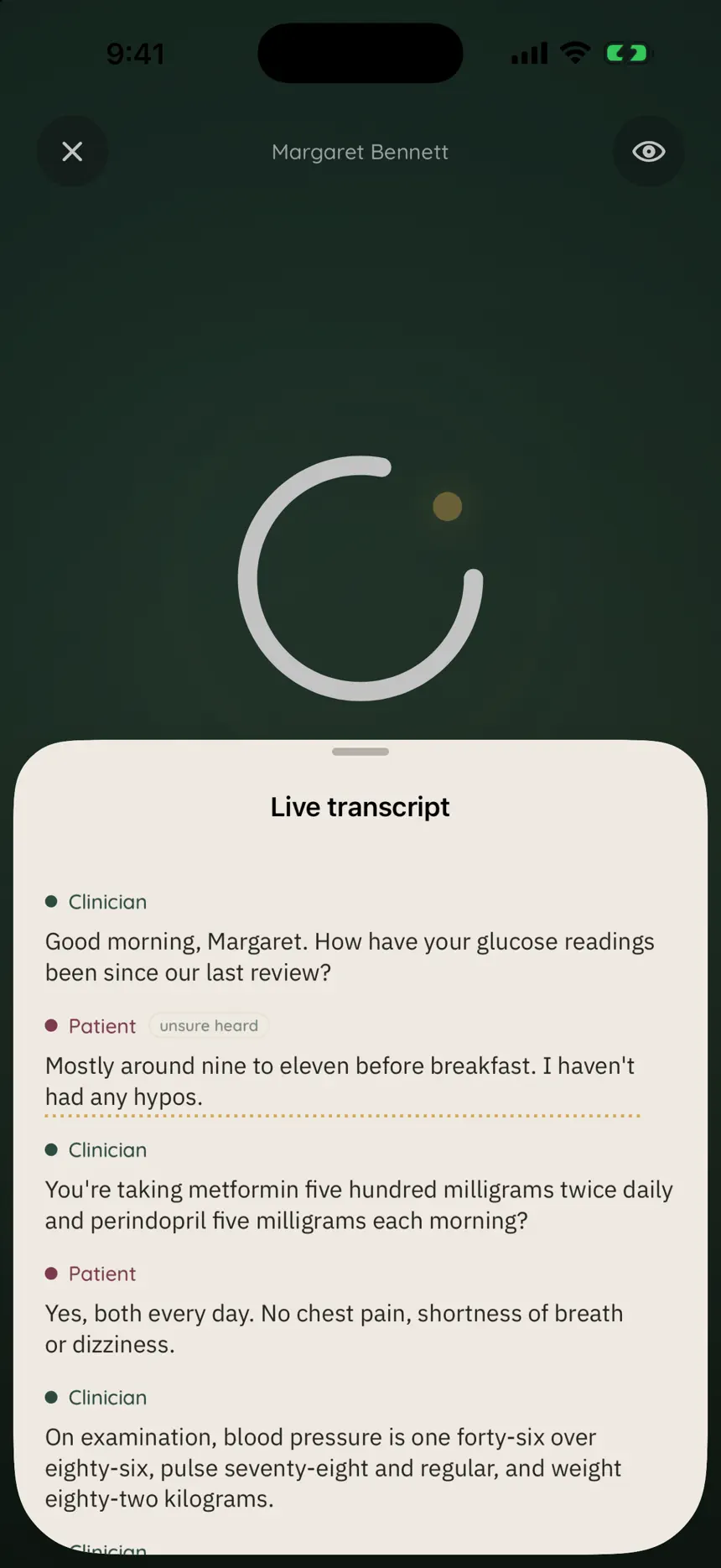 Small Mercy on iPhone showing the near-live transcript, with the clinician's and patient's words kept clearly apart